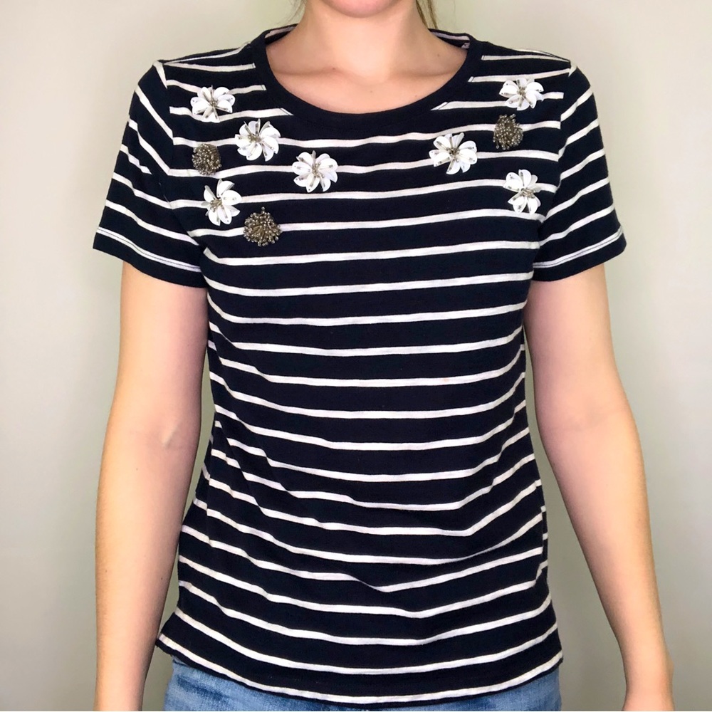 Talbots Floral Beaded Striped Shirt Short Sleeve Detailed Chic Costal Grandma